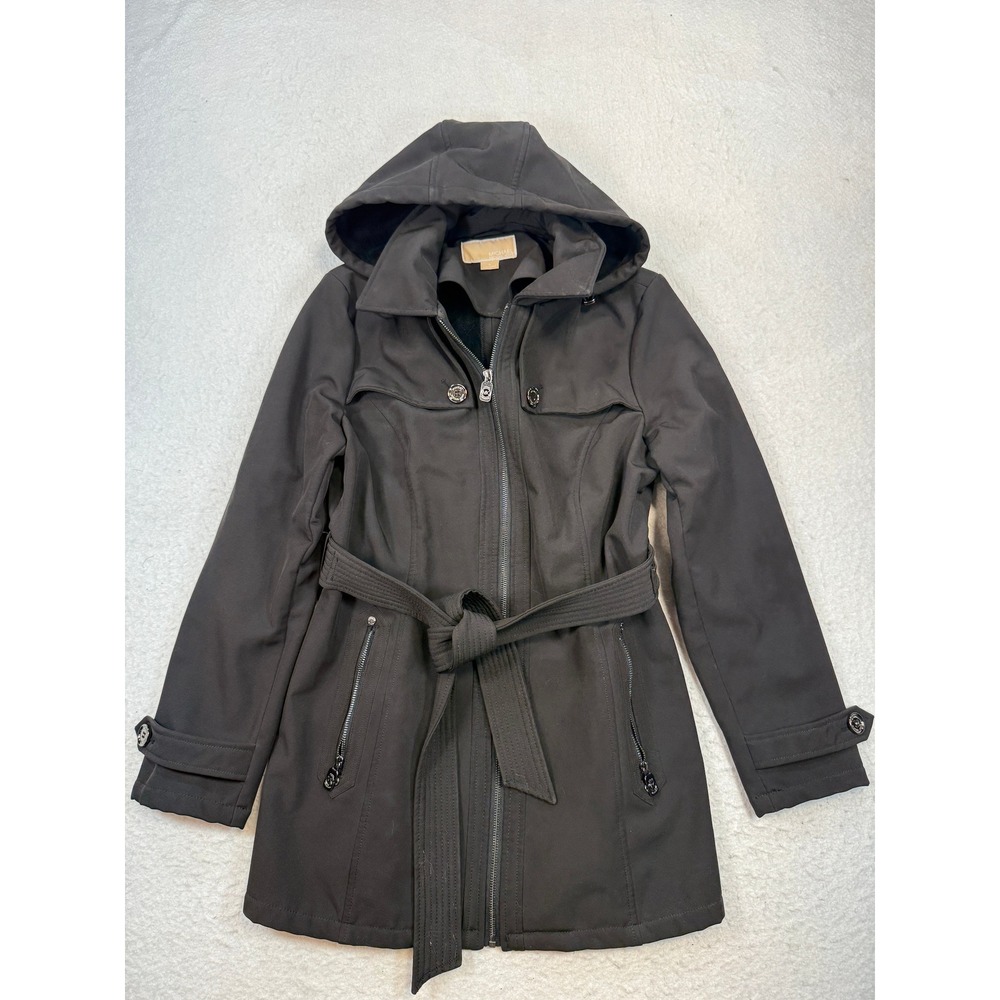 Michael Kors Womens Black Hooded Softshell Belted Trench Coat Jacket Size M